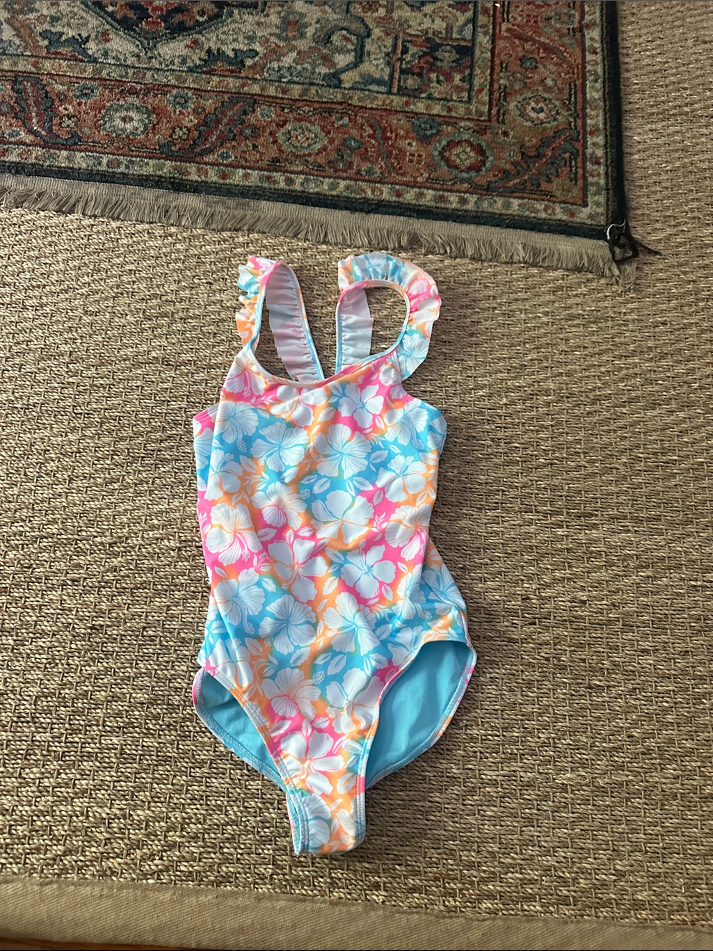 Wonder Nation Floral Ruffle-Shoulder One-Piece Swimsuit - Blue, Pink, Orange